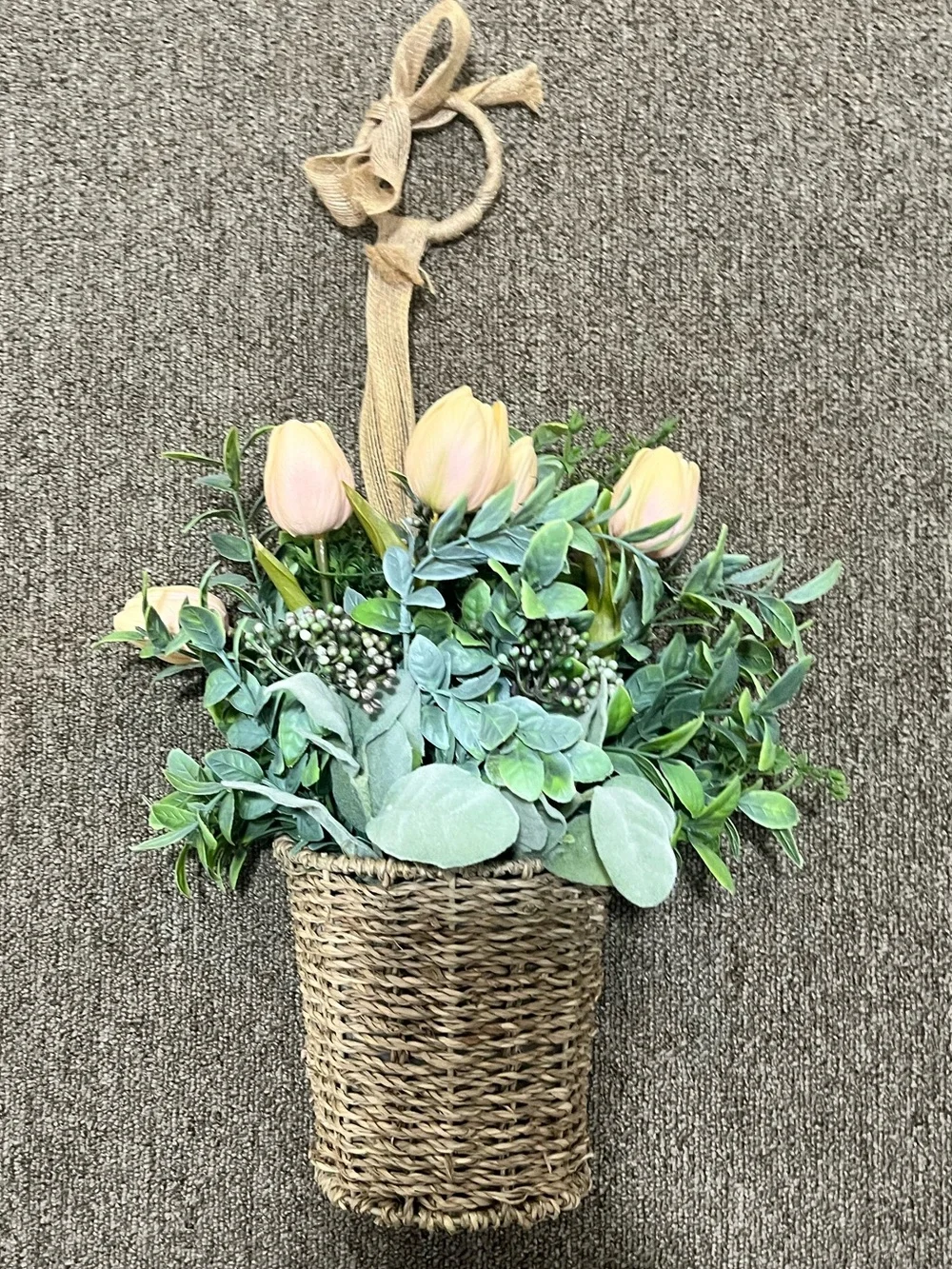 Decorative Woven Hanging Basket with Pink Tulip Floral Arrangement